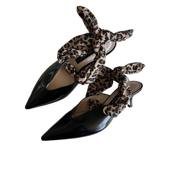 Zara Kitten Heel Pointy Slingback Leopard Scarf Black Leather Pumps Size 37 - Picture 5 of 11
